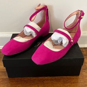 J crew Sally ballet with straps in pink (criso begonia) suede